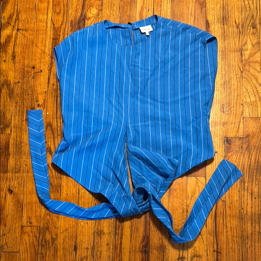 BIMBA Y LOLA Womens Blue Striped Tie Front Wrap Top Linen Blend Oversized Size S